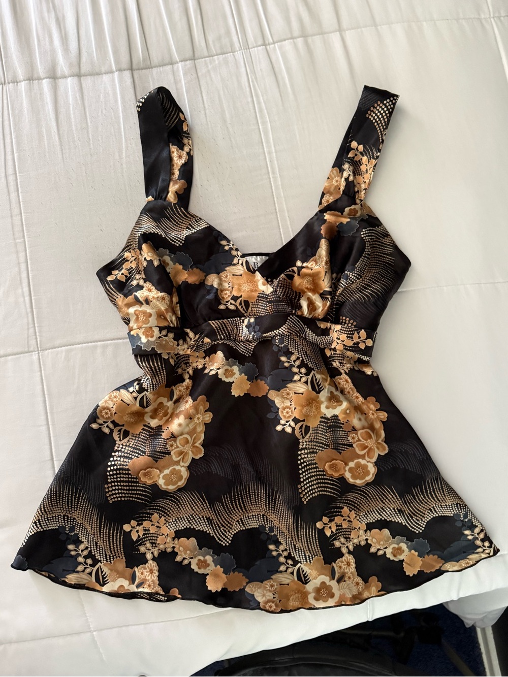 Vintage 90s Black Floral Silk Tank Top with Gold-Brown Blossoms